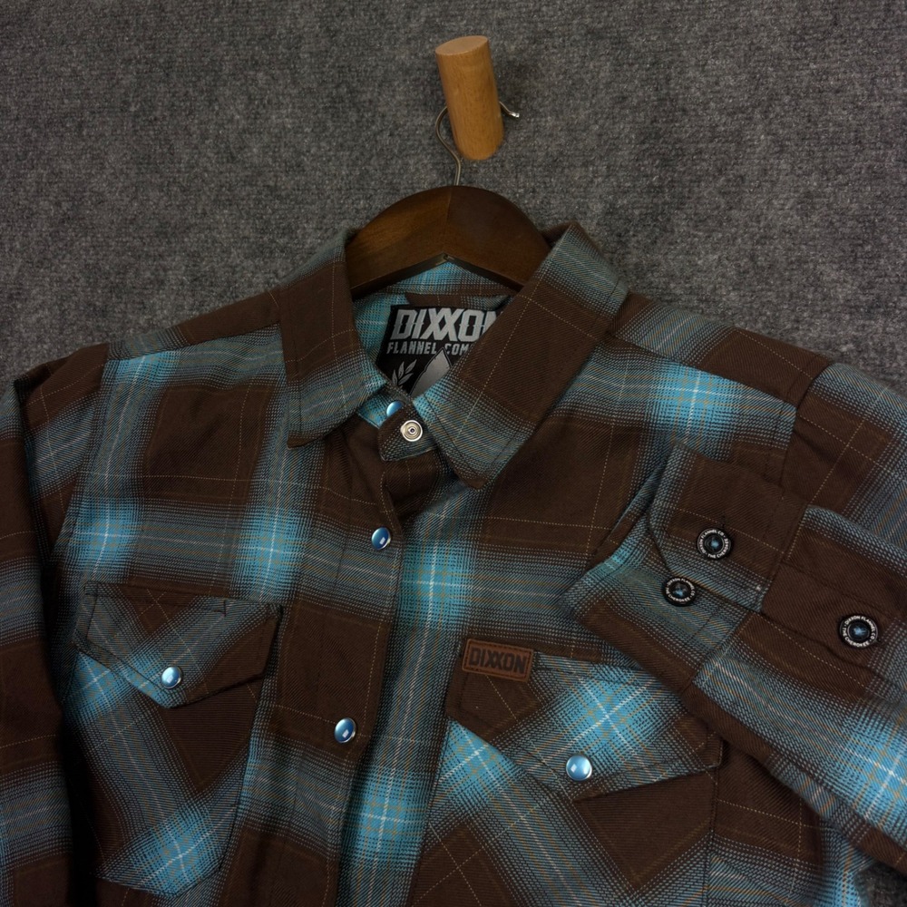 Dixxon Flannel The Cherokee Womens M Brown Blue Plaid Snap Button Up Shirt 0321